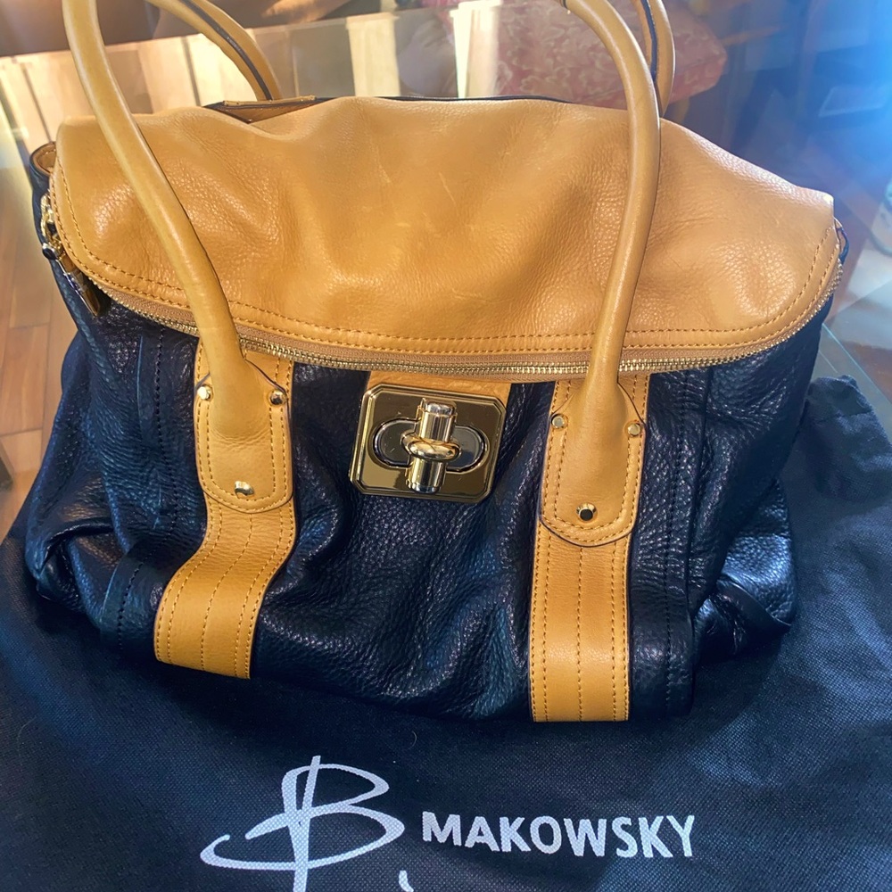 B Makowsky Black & Tan “Rockefeller” Glove Leather handbag.